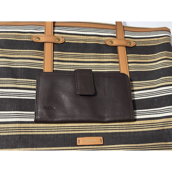 EUC Fossil Felicity Tote Brown Black White Yellow Stripe AND Leather Wallet - Picture 8 of 16